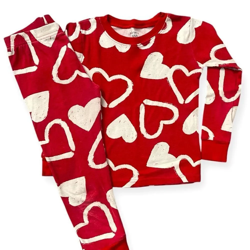 Carter’s Girl’s 2-Piece Red Valentine’s Day Hearts Snug Fit Cotton Pajamas Sz 5